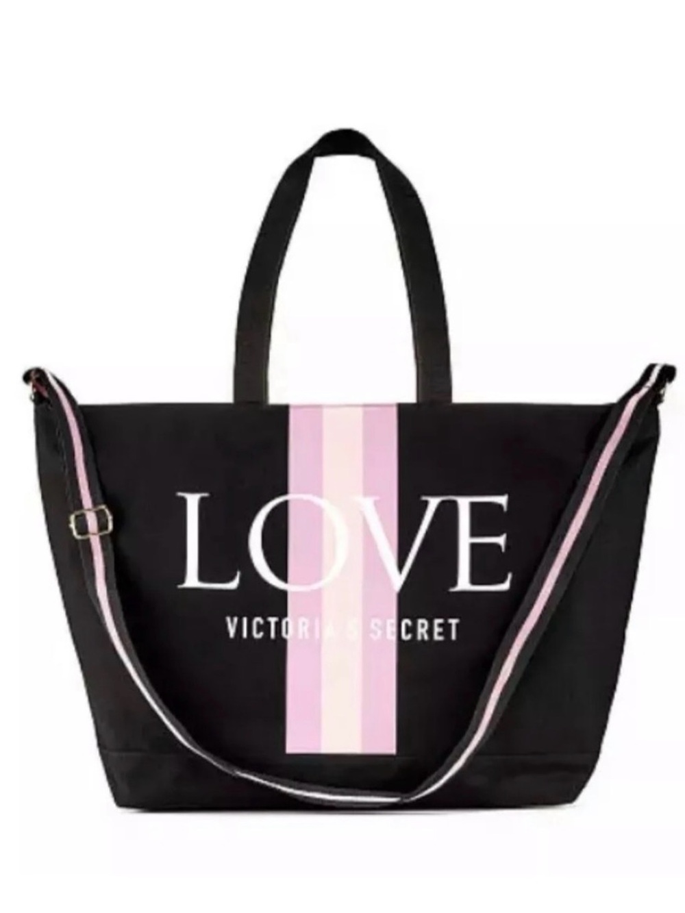VICTORIA's SECRET 🩷 LOVE 🩷  BLACK CANVAS LARGE WEEKENDER TOTE BAG 🌟NWOT🌟